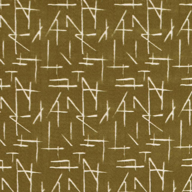 Deep moss olive velvet with irregular ivory geometric line marks and visible soft pile