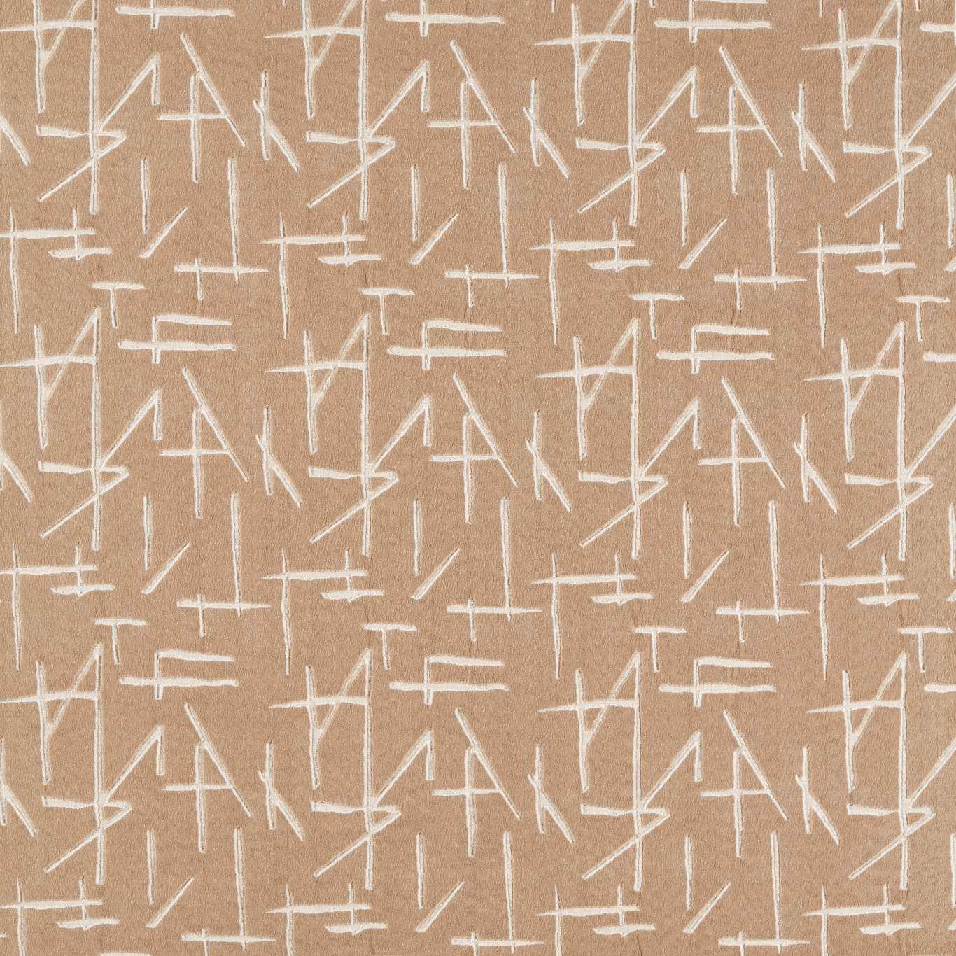 Warm sandstone velvet with ivory abstract linear geometric marks and a softly textured pile