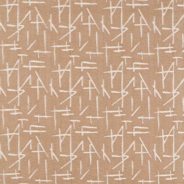 Warm sandstone velvet with ivory abstract linear geometric marks and a softly textured pile