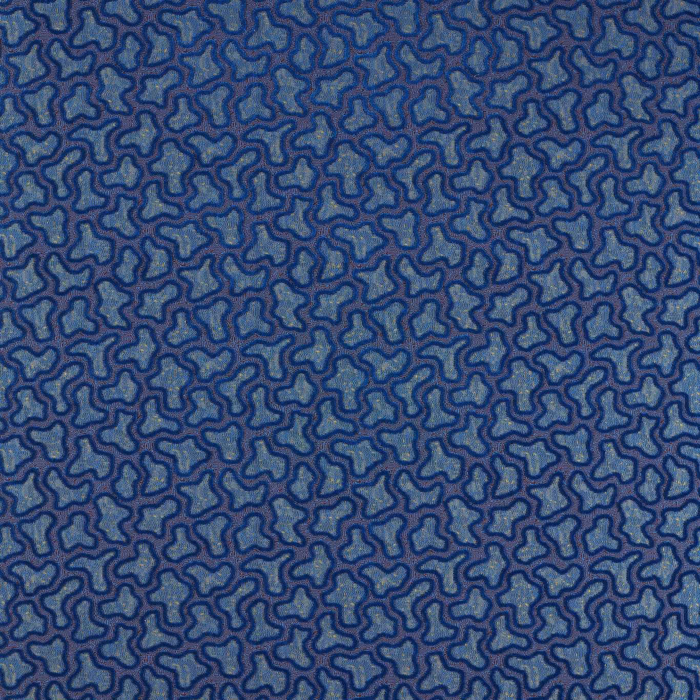 Deep lapis velvet with teal loops and fine cinnabar outlines in a dense pattern