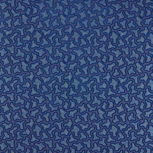 Deep lapis velvet with teal loops and fine cinnabar outlines in a dense pattern