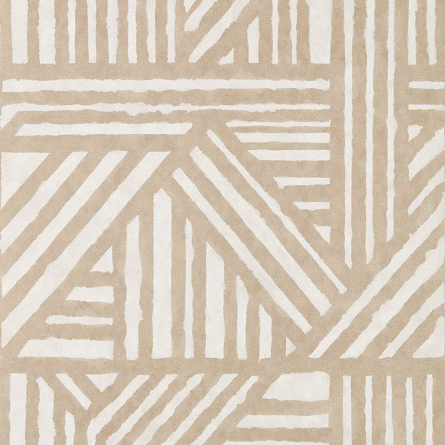 Warm sandstone wallcovering with irregular cream linear geometric blocks and stripes