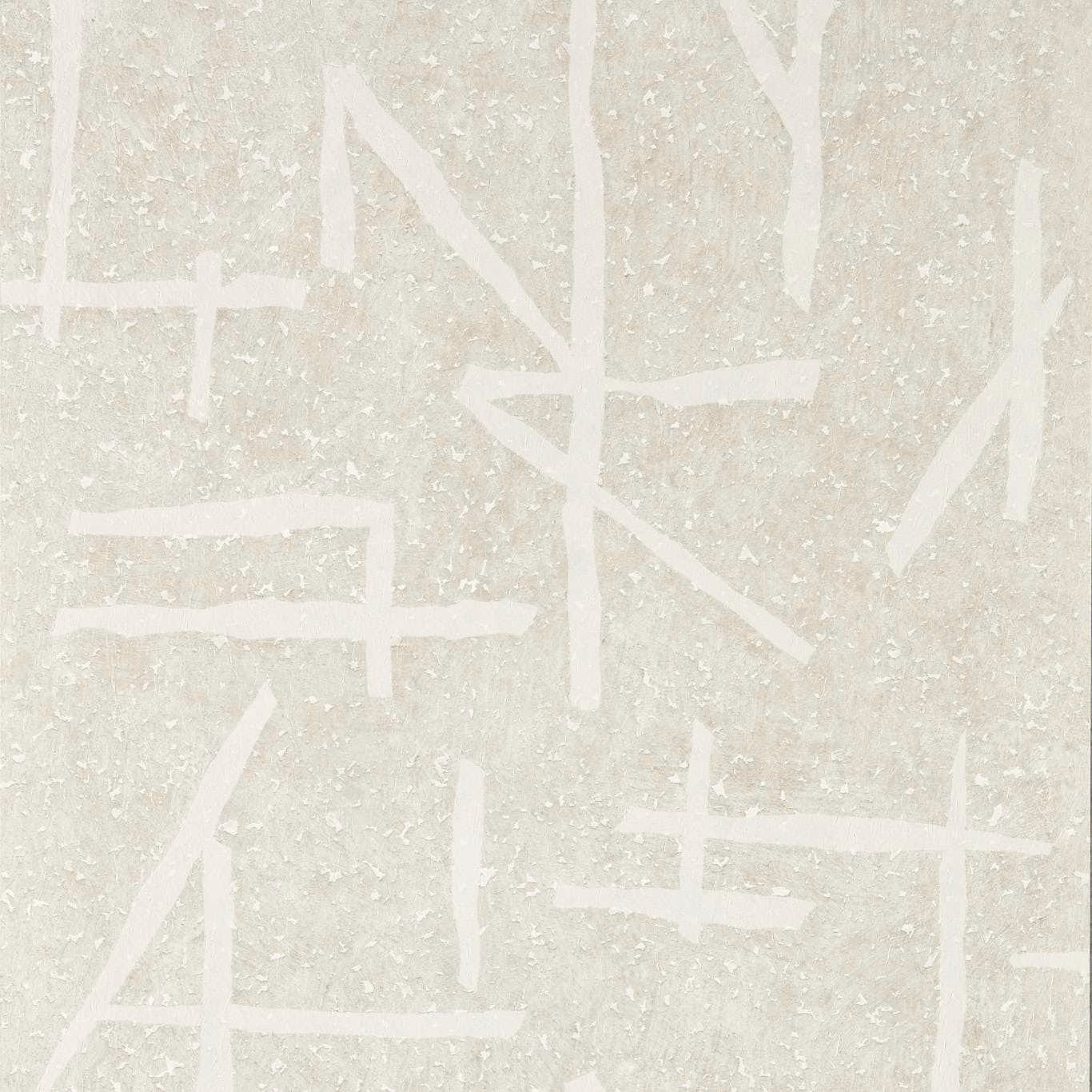 Chalky porcelain wallpaper with white abstract strokes over a softly mottled ivory ground