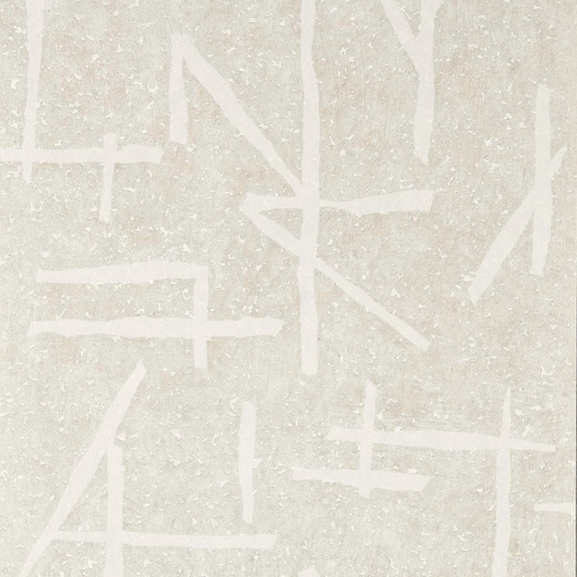 Chalky porcelain wallpaper with white abstract strokes over a softly mottled ivory ground