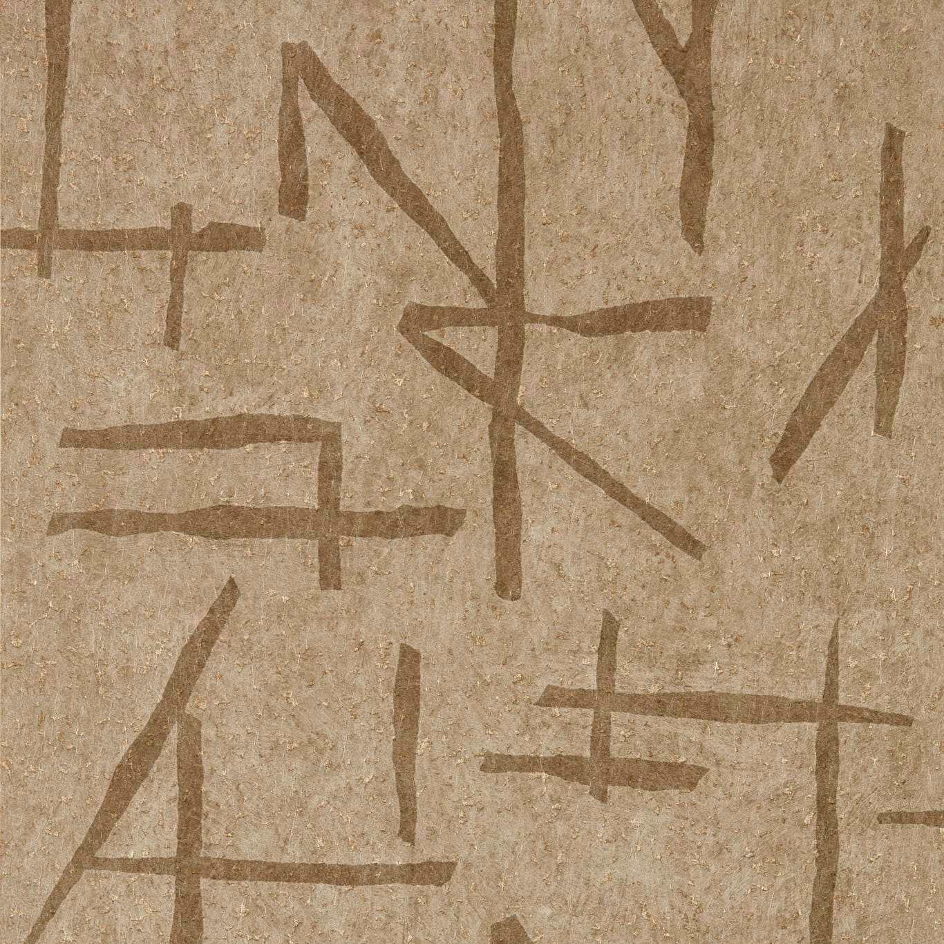 Warm sandstone wallpaper with muted gold-brown abstract linear symbols and a mottled textured ground
