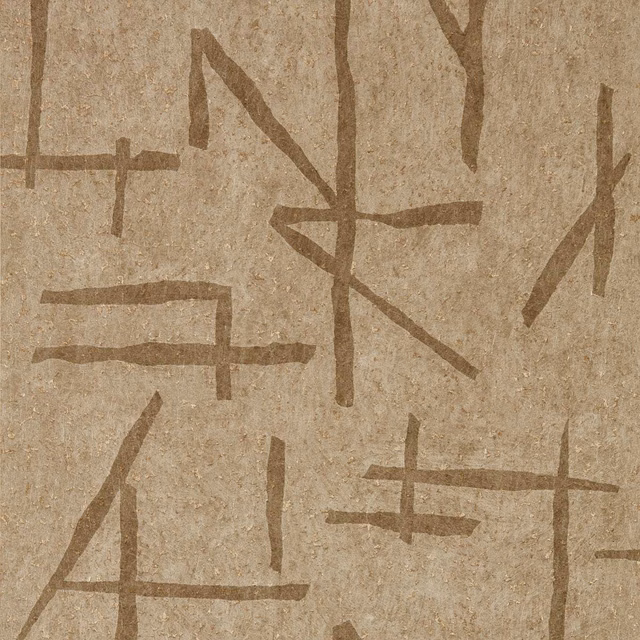 Warm sandstone wallpaper with muted gold-brown abstract linear symbols and a mottled textured ground