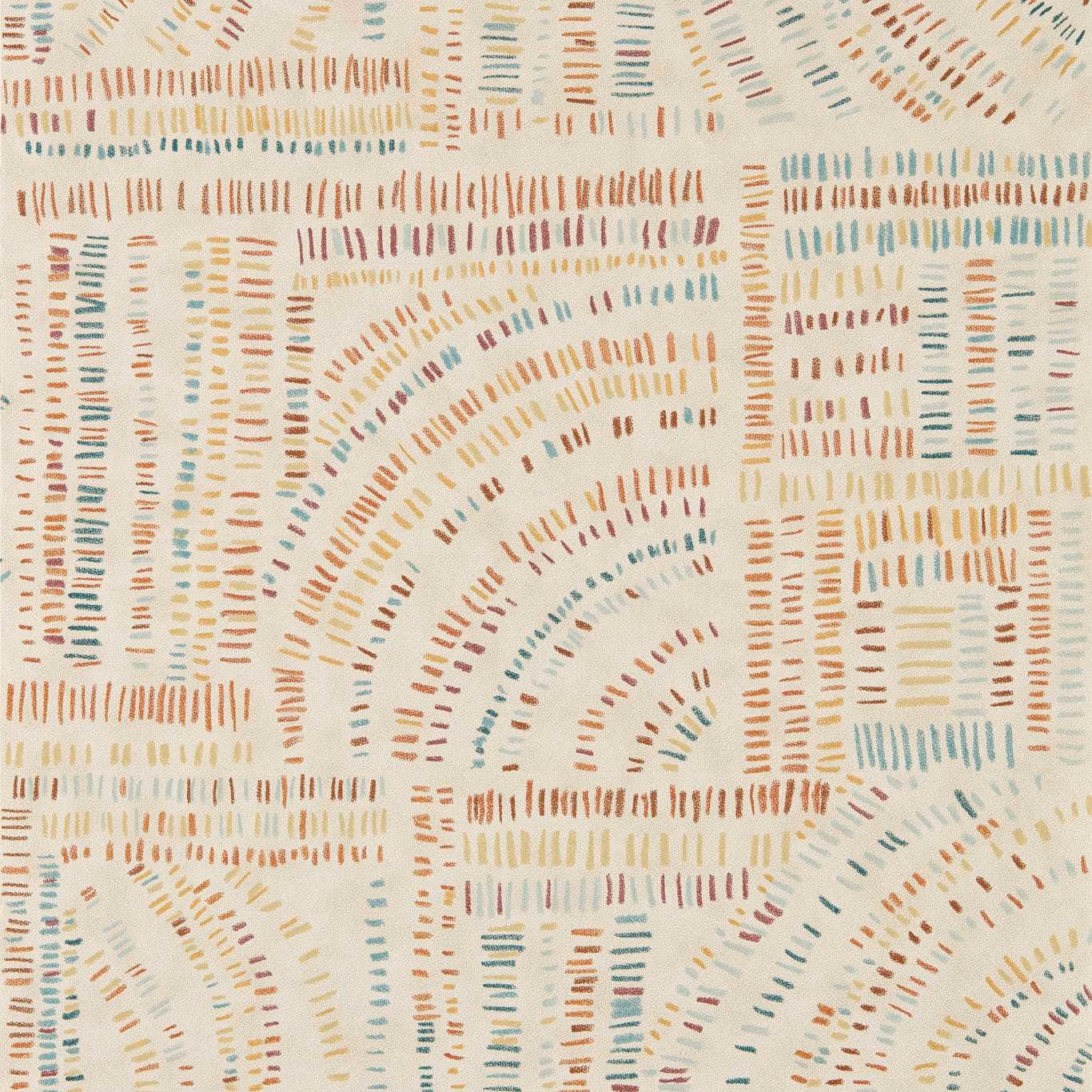 Pale pumice wallpaper with terracotta, amber and teal dashed arches and grids