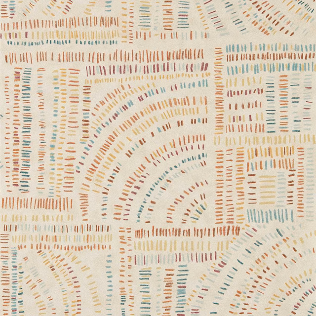 Pale pumice wallpaper with terracotta, amber and teal dashed arches and grids