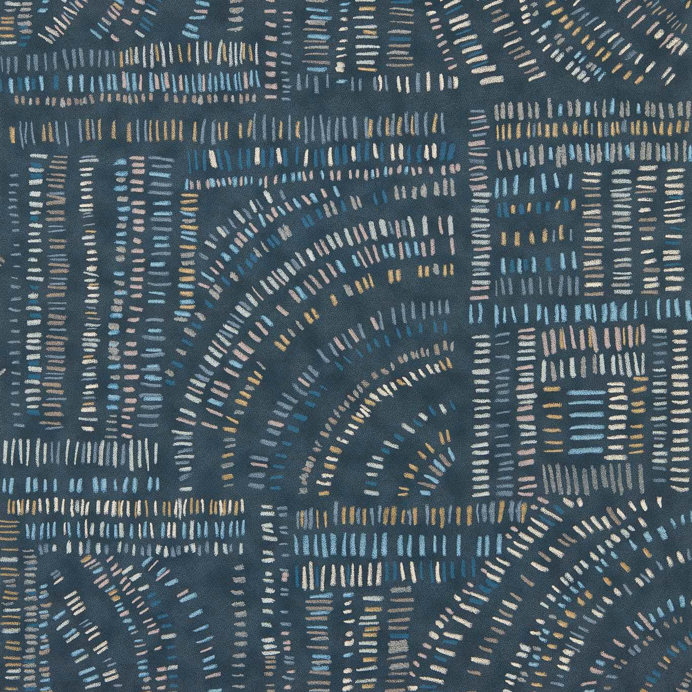 Deep sapphire wallpaper with curved rows of pale blue, cream and ochre dashes