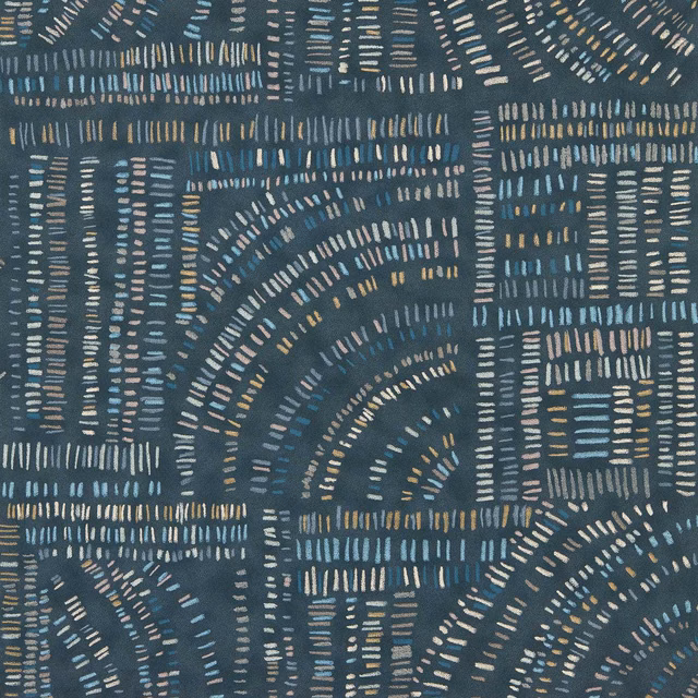 Deep sapphire wallpaper with curved rows of pale blue, cream and ochre dashes