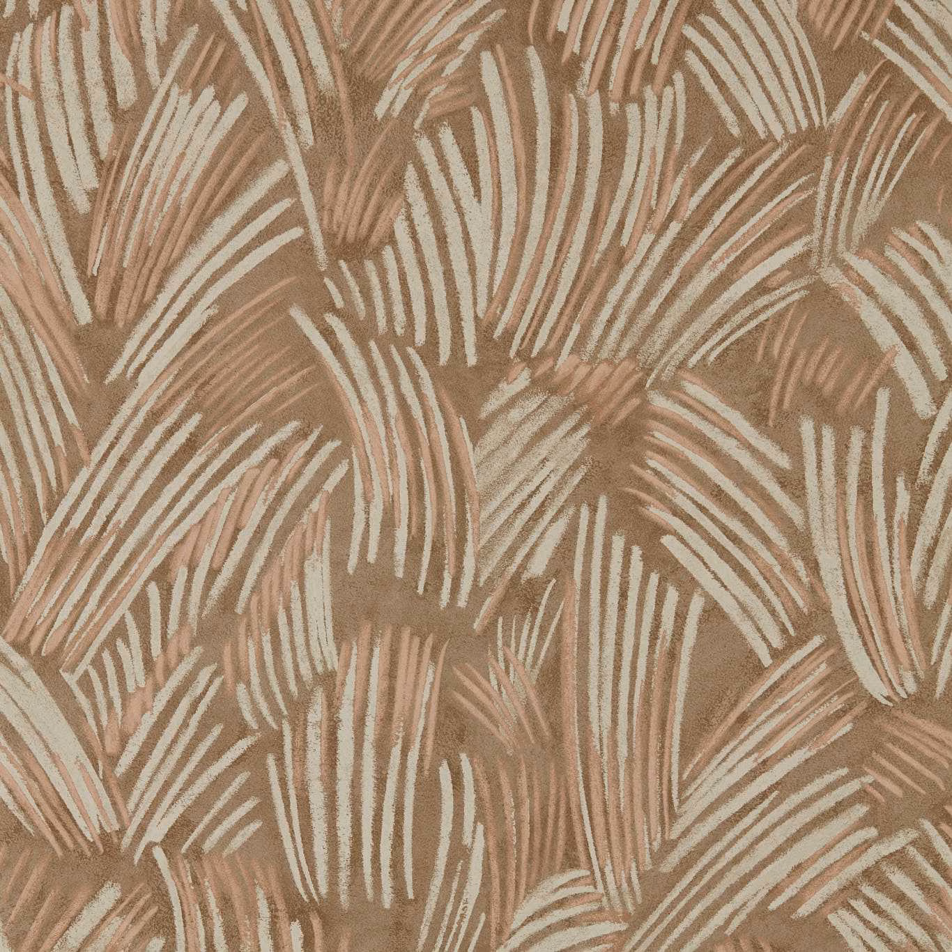 Warm taupe wallpaper with cream and blush fan-like linear glyphs