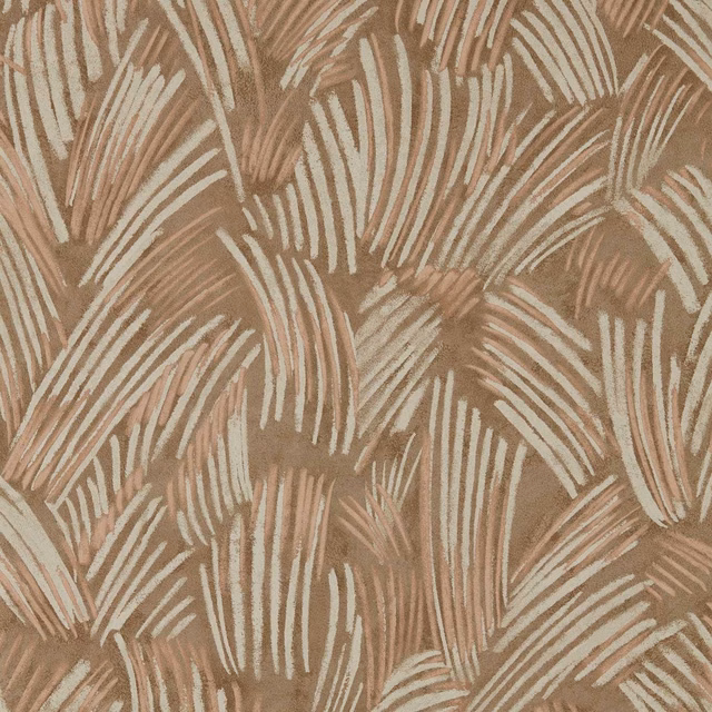 Warm taupe wallpaper with cream and blush fan-like linear glyphs