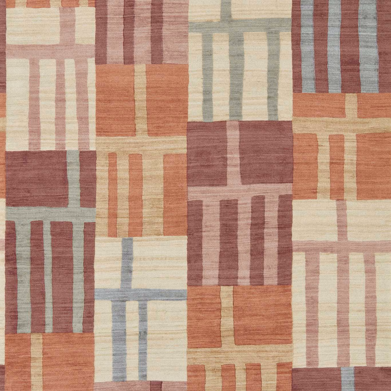 Cinnabar and amber geometric wallpaper with plum, cream and blue-grey rectangular blocks