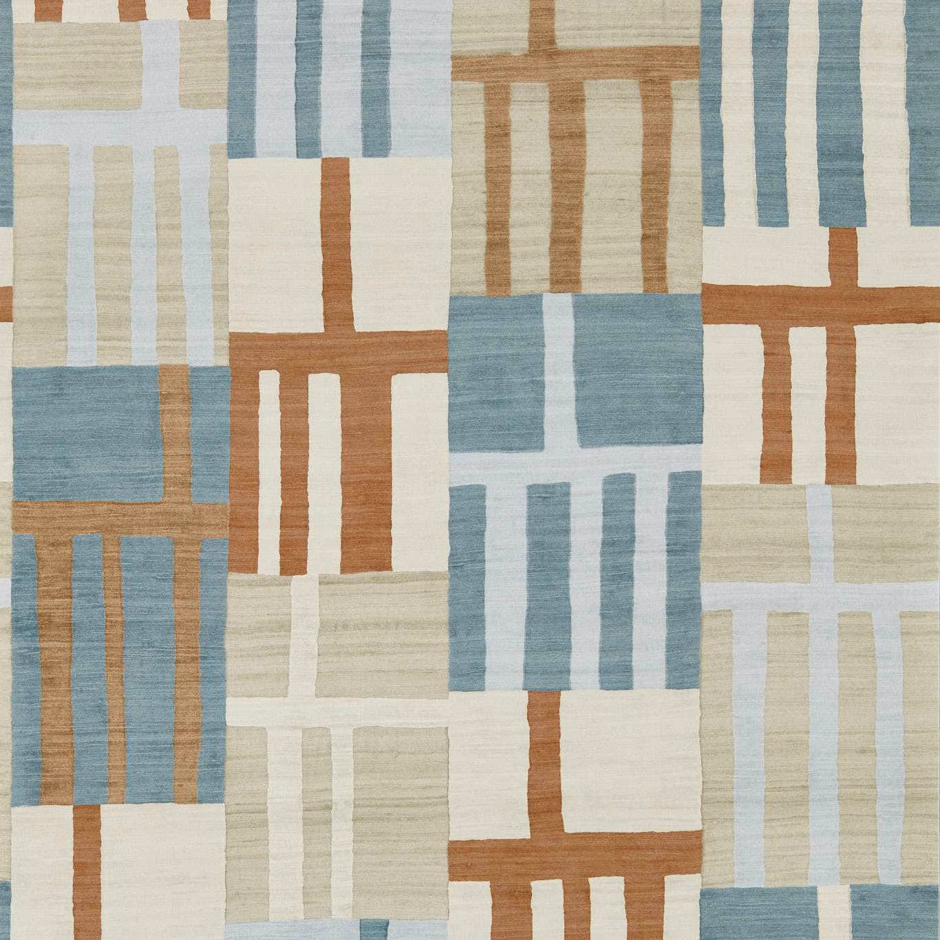 Muted teal, cream and terracotta geometric block wallpaper with painterly vertical stripes