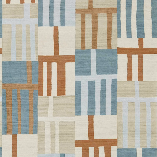 Muted teal, cream and terracotta geometric block wallpaper with painterly vertical stripes