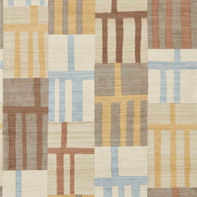 Muted ochre, pale blue and taupe geometric blocks with fine horizontal grain