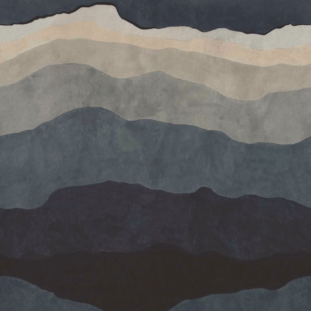 Midnight blue, grey and cream wallpaper with irregular layered horizontal bands