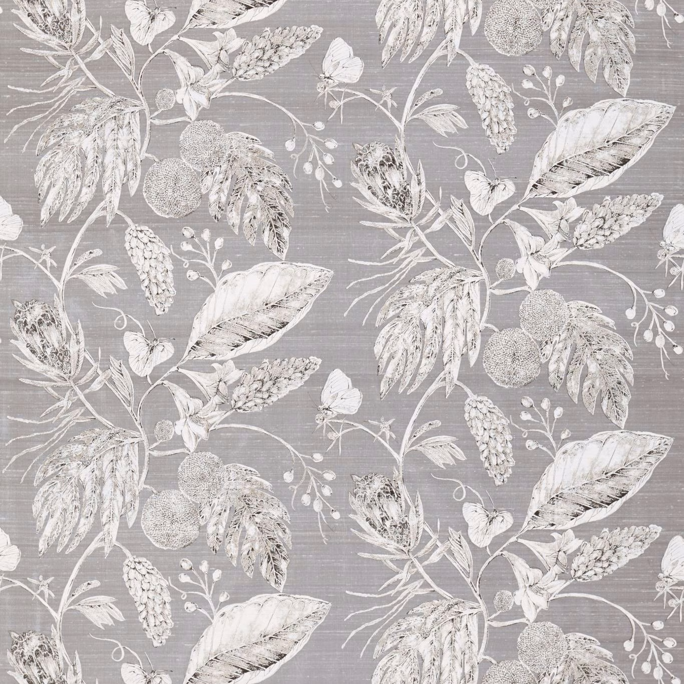 Cool silver-grey fabric with white oversized foliage, leaves and detailed botanical motifs