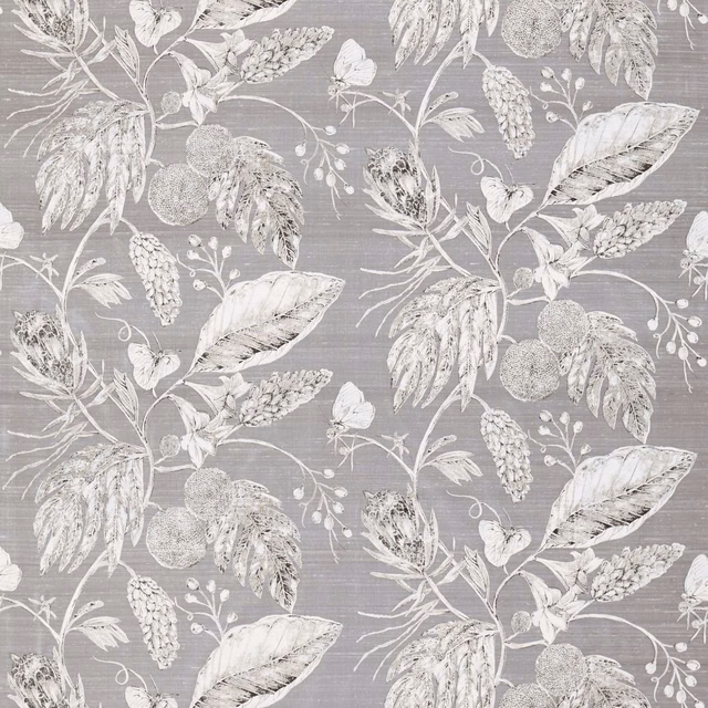Cool silver-grey fabric with white oversized foliage, leaves and detailed botanical motifs