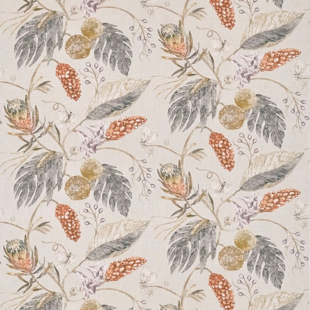 Cream botanical textile with russet cone clusters, willow leaves and muted lilac flowers