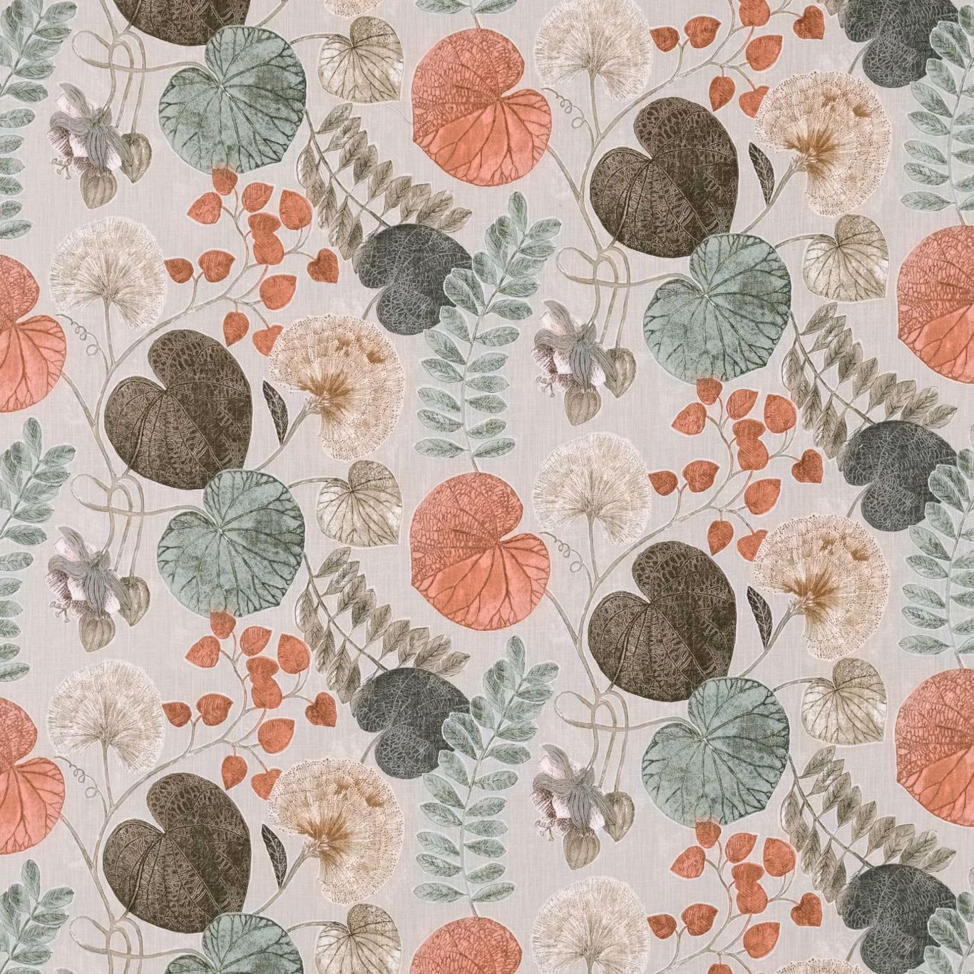 Amber and mint botanical fabric with coral leaves on a warm ivory ground