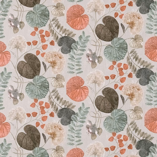 Amber and mint botanical fabric with coral leaves on a warm ivory ground