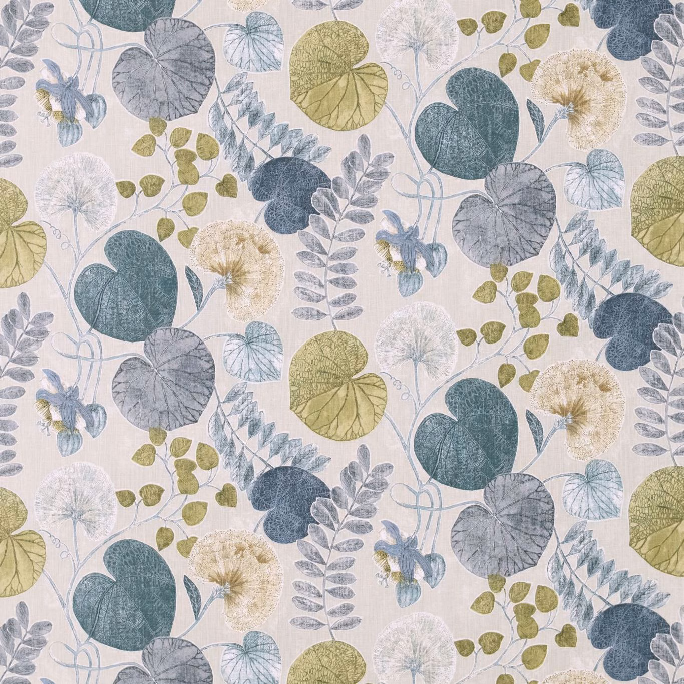 Ink blue and chartreuse botanical leaves with pale blooms on a soft light ground