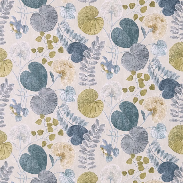 Ink blue and chartreuse botanical leaves with pale blooms on a soft light ground