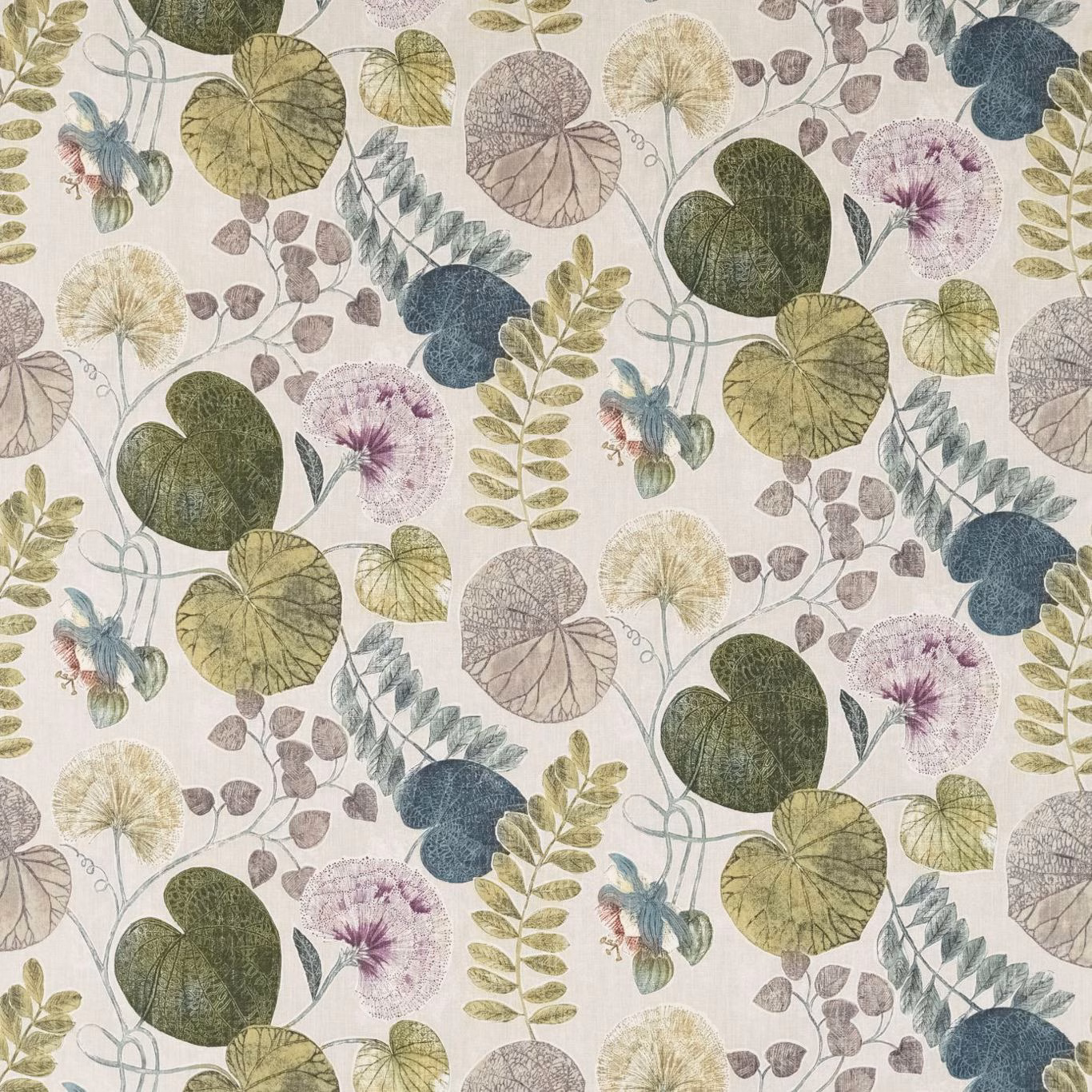 Muted botanical fabric with emerald lily pads, dusty plum flowers and blue-green leaves on ivory