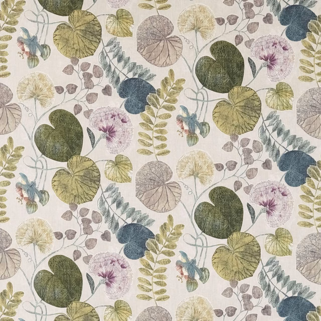 Muted botanical fabric with emerald lily pads, dusty plum flowers and blue-green leaves on ivory