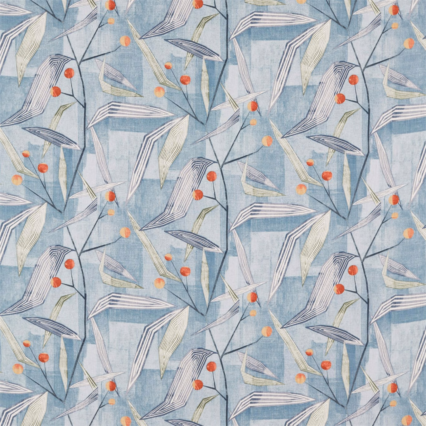 Washed denim blue woven fabric with angular birds, pale leaves and brick berries
