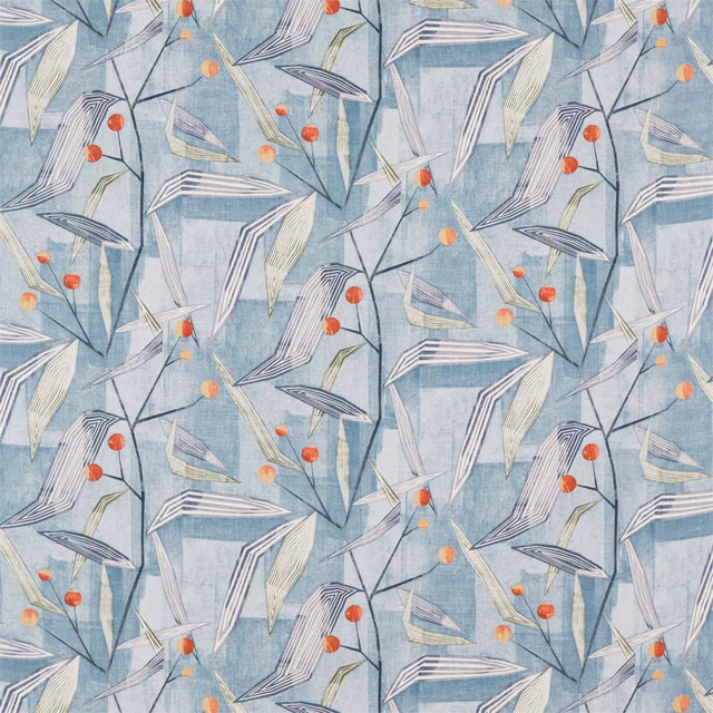 Washed denim blue woven fabric with angular birds, pale leaves and brick berries