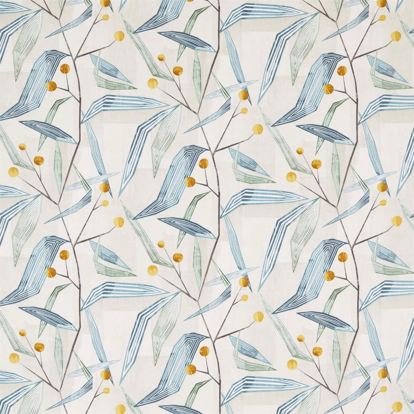 Cream textile with emerald geometric leaves and ochre berry sprigs