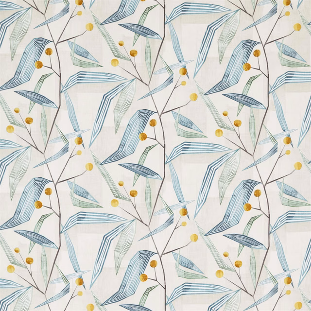 Cream textile with emerald geometric leaves and ochre berry sprigs