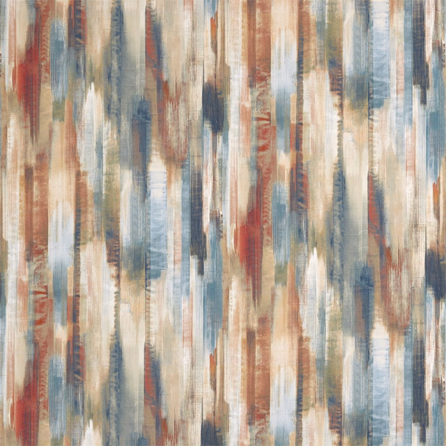 Rust, ruby and Nordic blue painterly vertical streaks on a softly textured textile