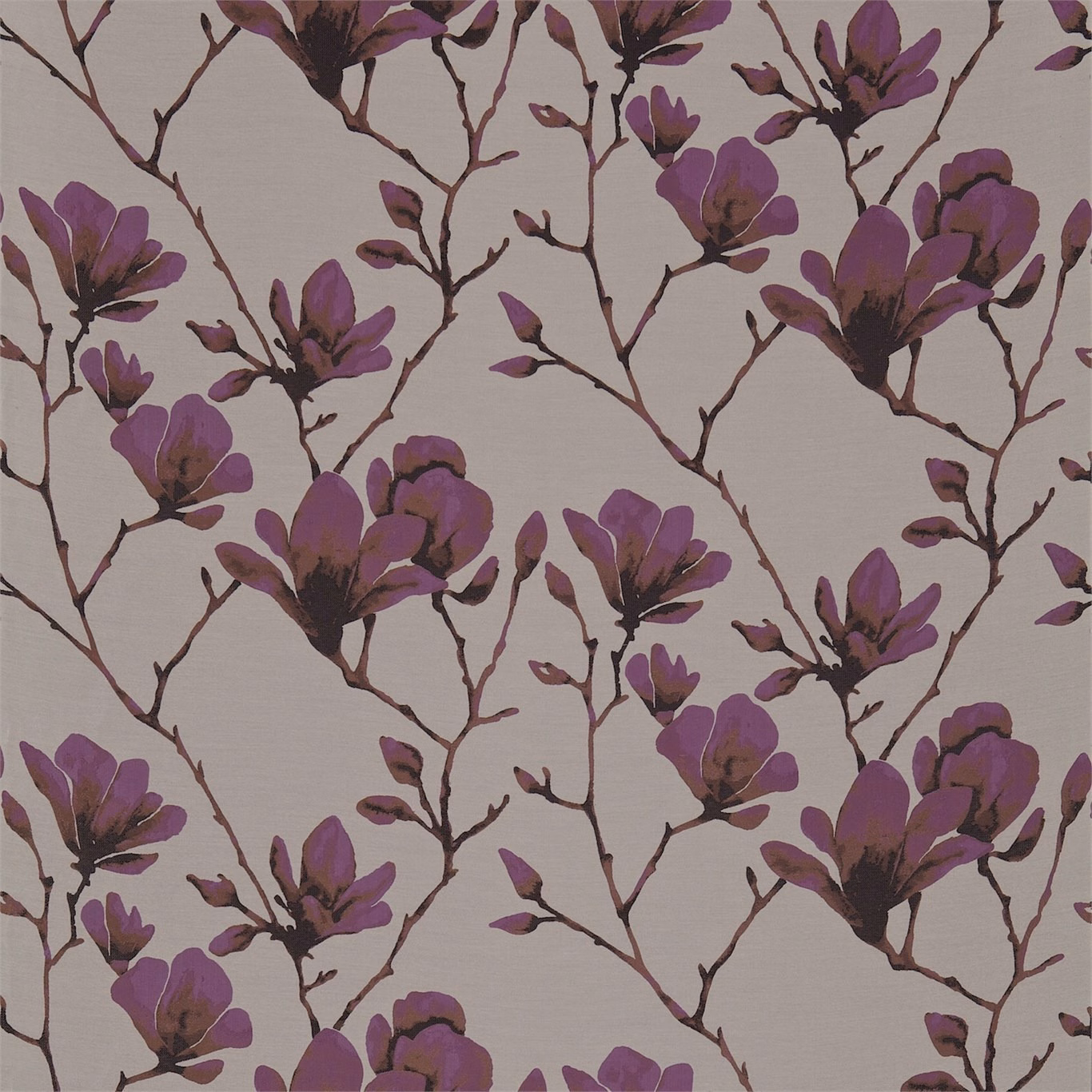 Bronze-taupe floral fabric with branching stems and saturated magenta blossoms