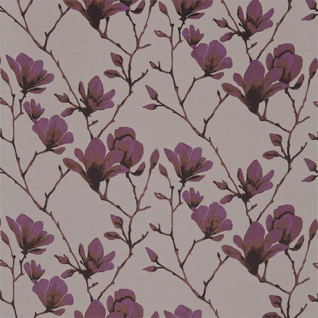 Bronze-taupe floral fabric with branching stems and saturated magenta blossoms