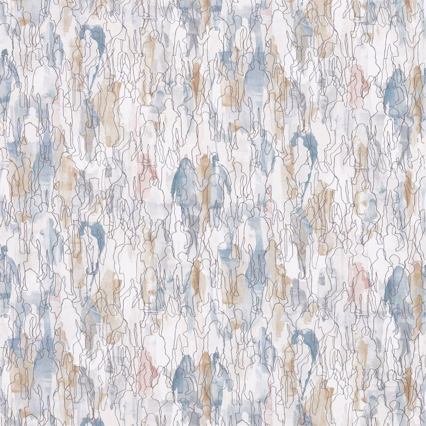 Pale seaglass and chalk textile with fine outlined organic forms and taupe accents