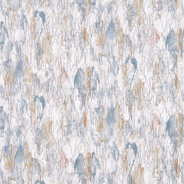 Pale seaglass and chalk textile with fine outlined organic forms and taupe accents