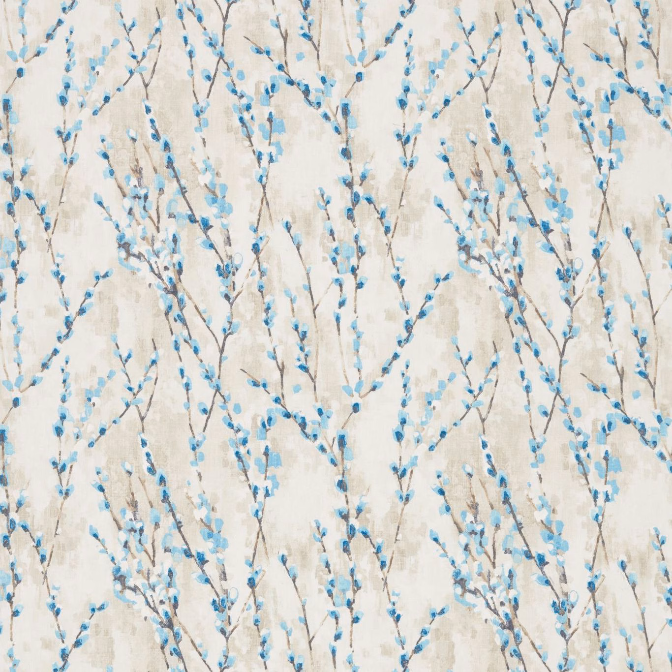 Pale cream fabric with taupe branches and scattered aqua-blue floral buds