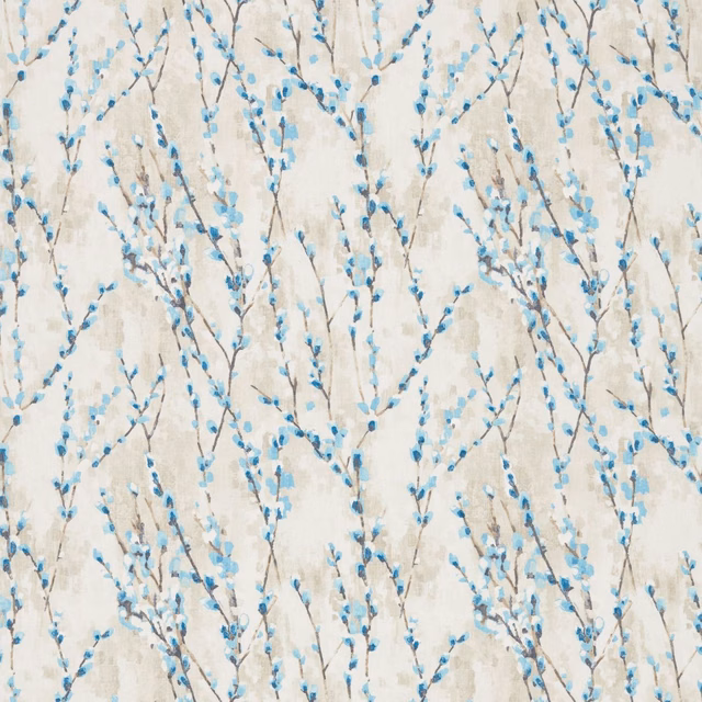 Pale cream fabric with taupe branches and scattered aqua-blue floral buds