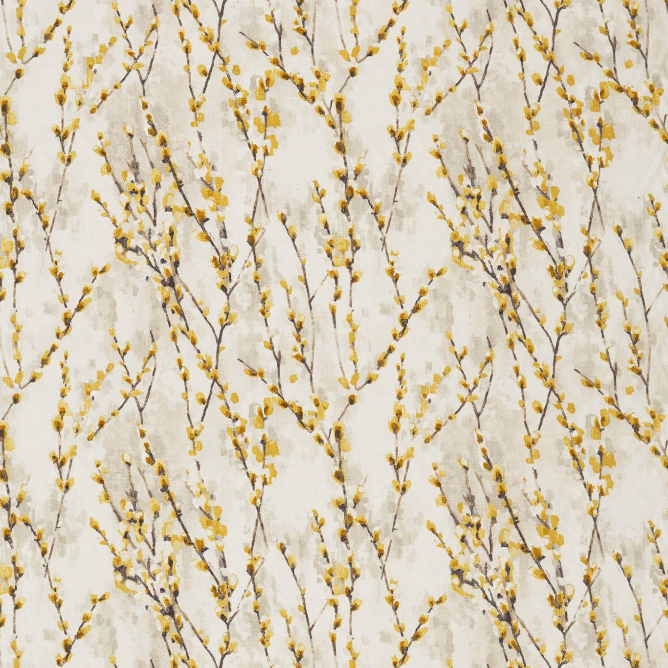 Cream fabric with mustard catkin branches and taupe painterly stems