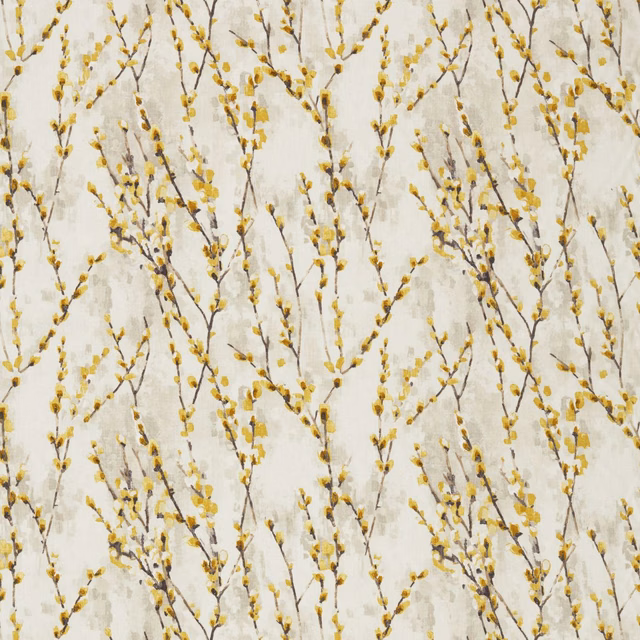 Cream fabric with mustard catkin branches and taupe painterly stems