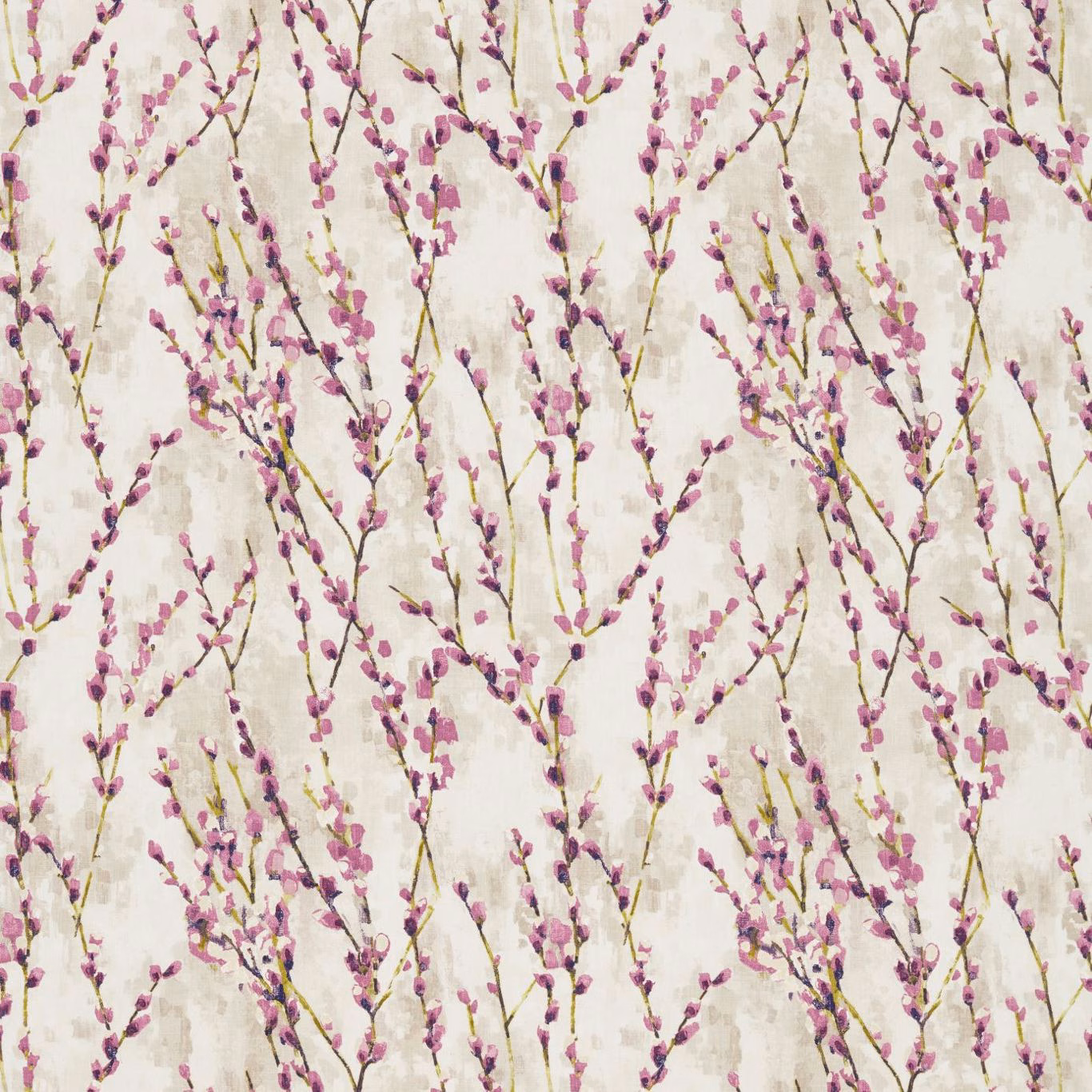 Plum and mauve blossom branches on a softly mottled ivory fabric ground