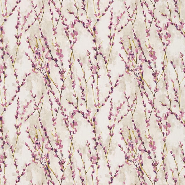Plum and mauve blossom branches on a softly mottled ivory fabric ground
