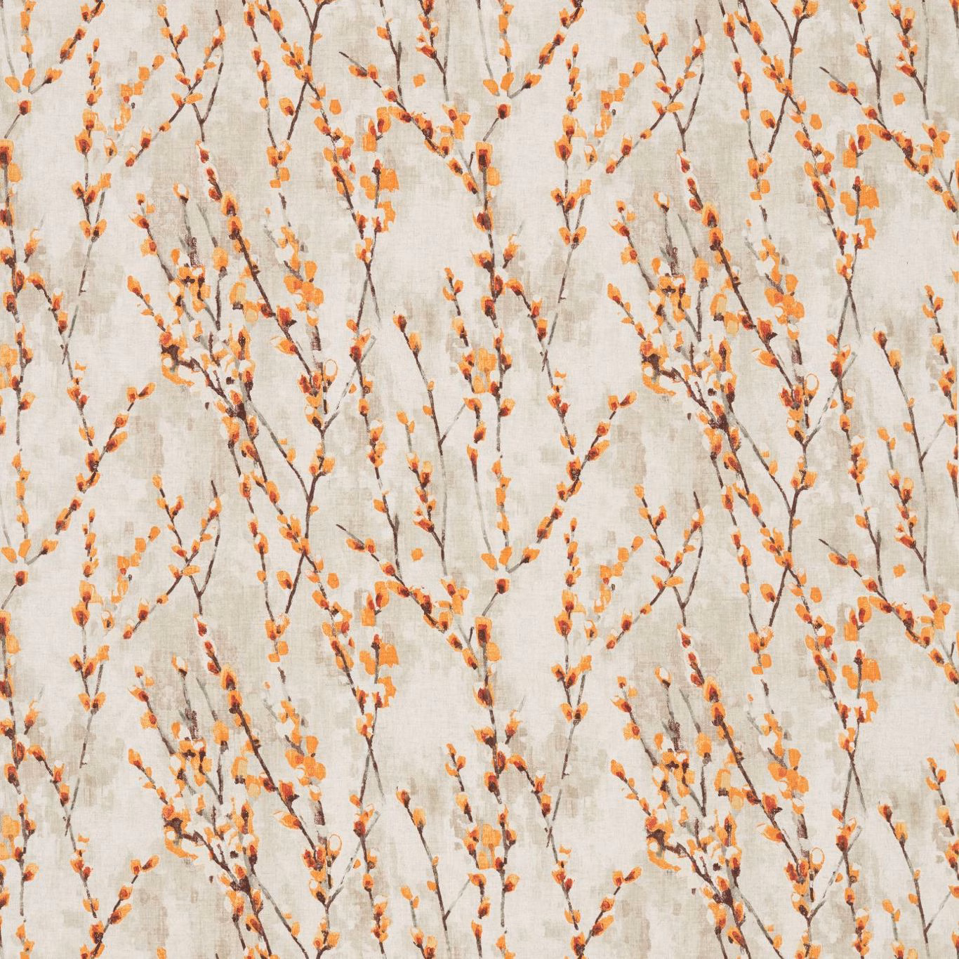 Warm ivory fabric with airy brown branches and bright tangerine buds