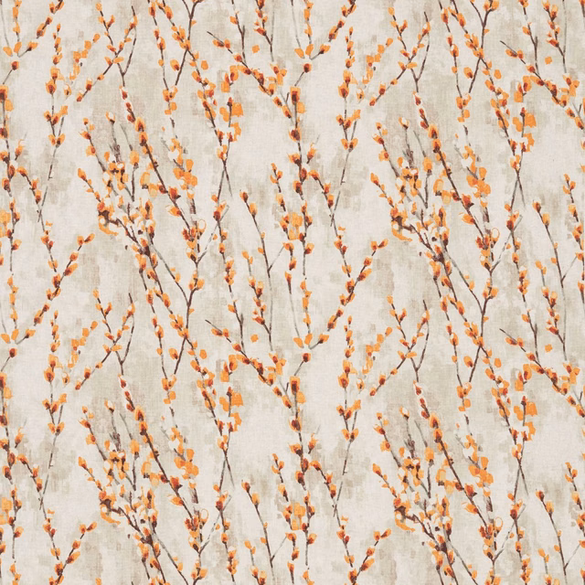 Warm ivory fabric with airy brown branches and bright tangerine buds
