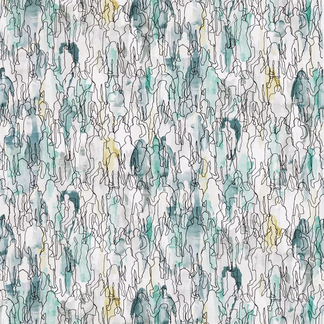 Watery emerald and sepia abstract fabric with fine black drifting outlines