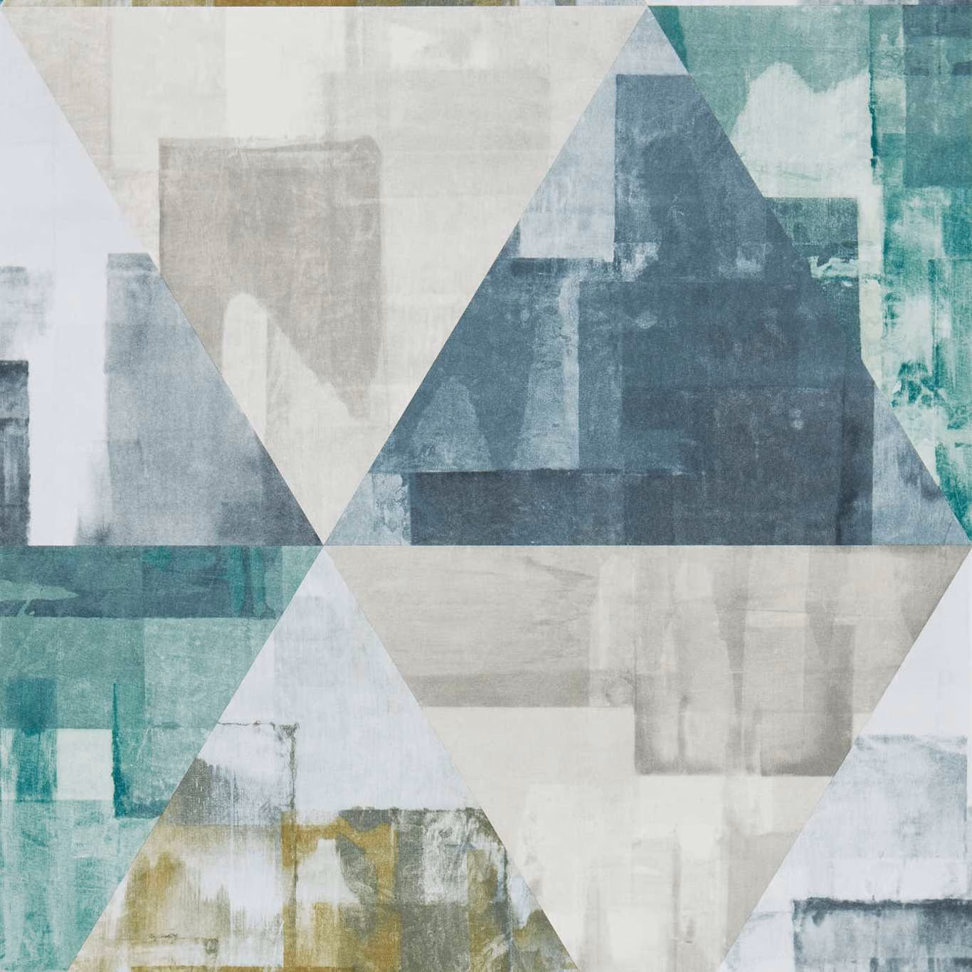 Emerald and teal geometric wallpaper with chalk triangles and linden brushlike texture