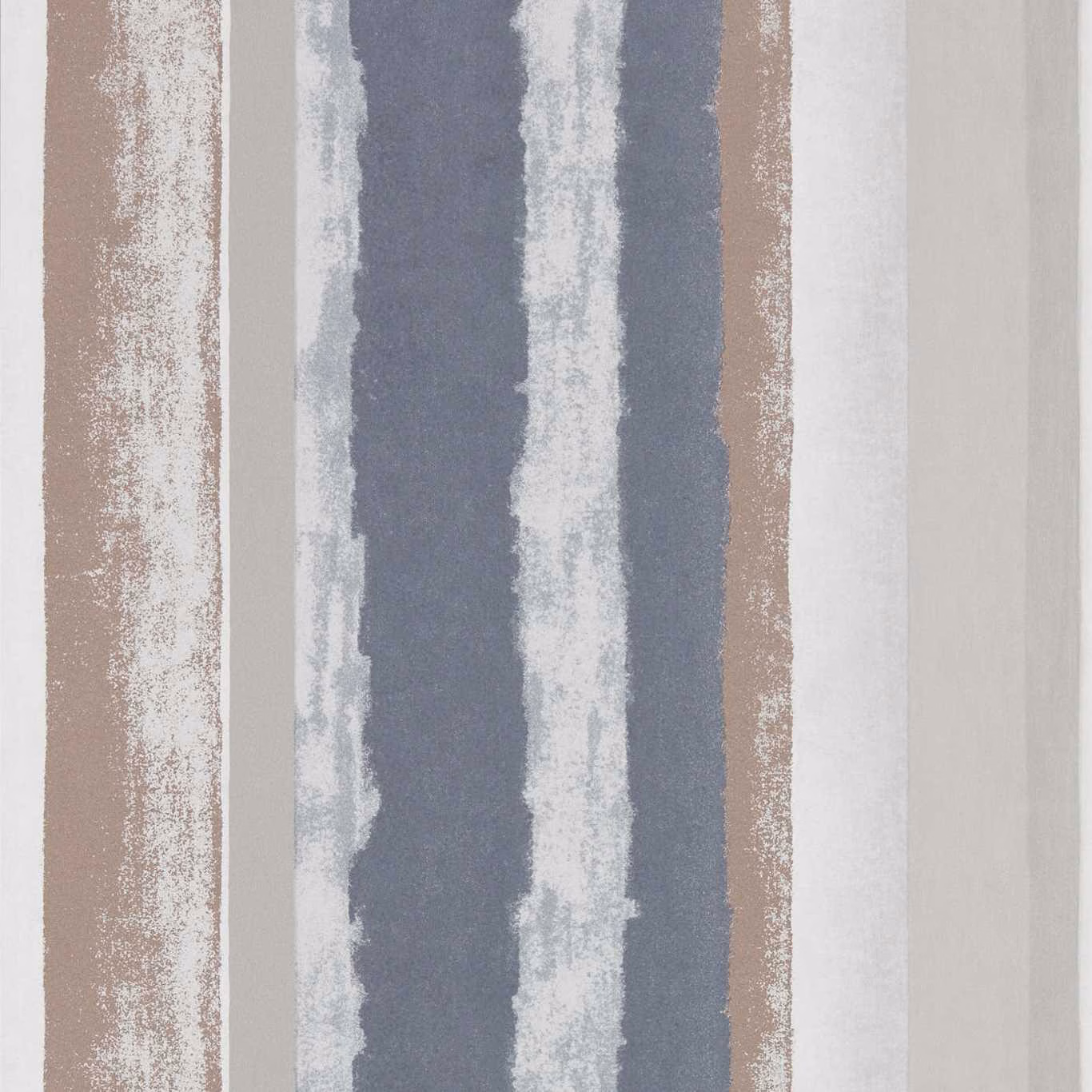 Irregular vertical wallpaper stripes in kohl blue-grey, faded copper and chalk white